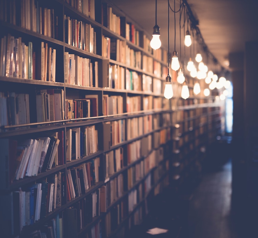 row of book shelves with hanging with low lit lights