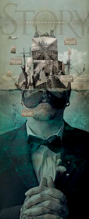 man in suit underwater with ship replacing his head